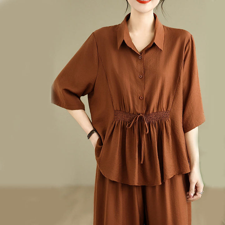 Ensemble 2 pièces décontracté pour femme, chemise à col montant et pantalon ample, Buddha Stones, vêtements de méditation - image 3