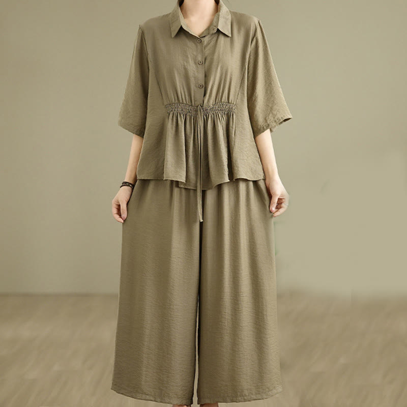 Ensemble 2 pièces décontracté pour femme, chemise à col montant et pantalon ample, Buddha Stones, vêtements de méditation - Kaki foncé - US12，UK/AU16，EU44 (2XL) - image 13