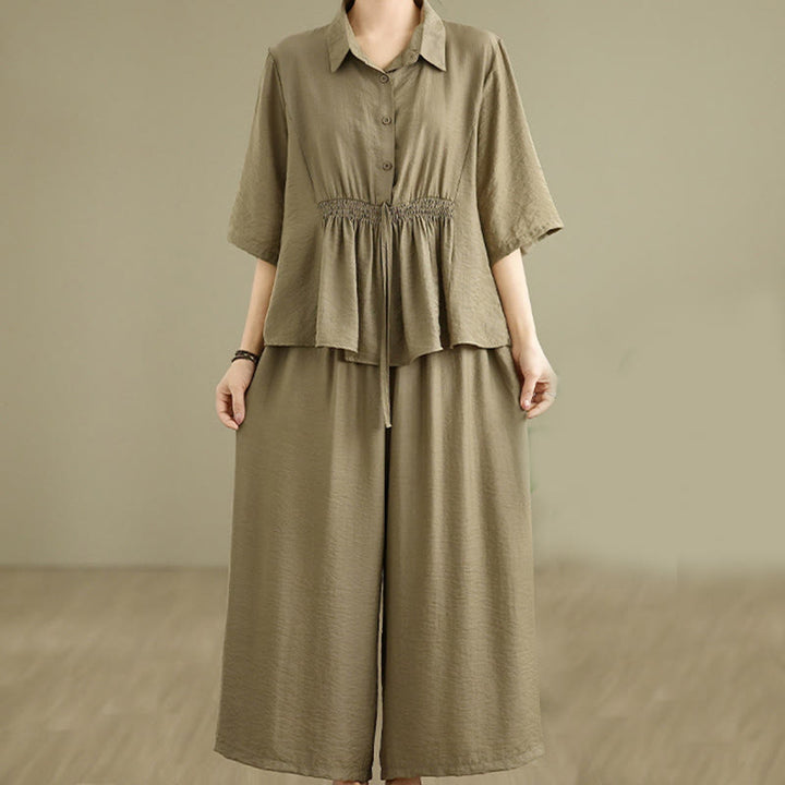 Ensemble 2 pièces décontracté pour femme, chemise à col montant et pantalon ample, Buddha Stones, vêtements de méditation - Kaki foncé - US12，UK/AU16，EU44 (2XL) - image 13
