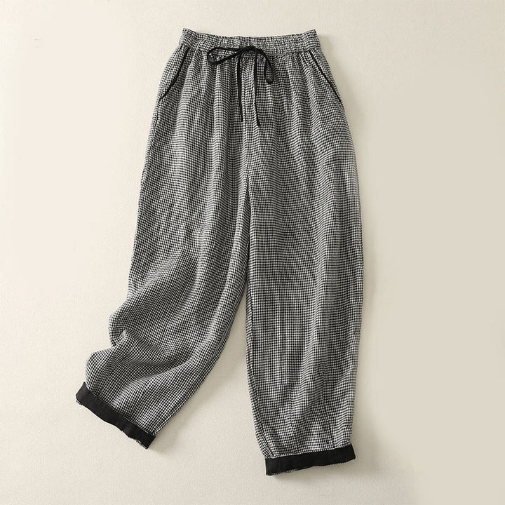 Pantalon sarouel en coton et lin pour femme, motif à carreaux Buddha Stones, avec cordon de serrage et poches - Noir - US8-10，UK/AU12-14，EU40-42 (2XL) - image 0