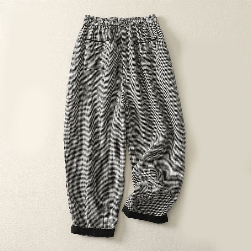 Pantalon harem femme en coton et lin à motif écossais Buddha Stones avec cordon de serrage et poches - image 1