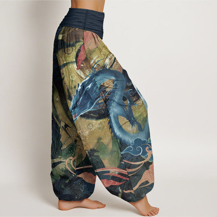 Pantalon sarouel à taille élastique pour femme, motif dragon et nuages de bon augure, en pur coton, Buddha Stones
