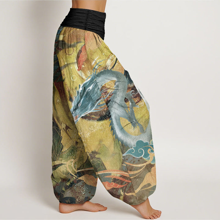 Pantalon sarouel à taille élastique pour femme, motif dragon et nuages de bon augure, en pur coton, Buddha Stones