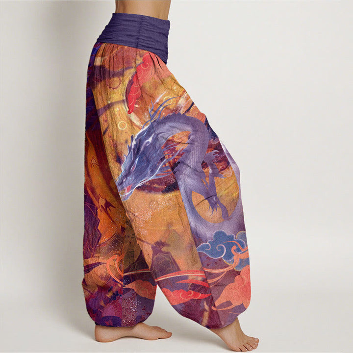 Pantalon sarouel à taille élastique pour femme, motif dragon et nuages de bon augure, en pur coton, Buddha Stones