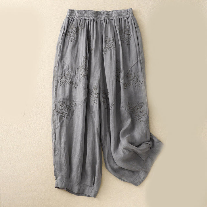 Pantalon sarouel en coton et lin pour femme, avec poches, motif brodé de Buddha Stones - Gris - US12，UK/AU16，EU44 (3XL) - image 0