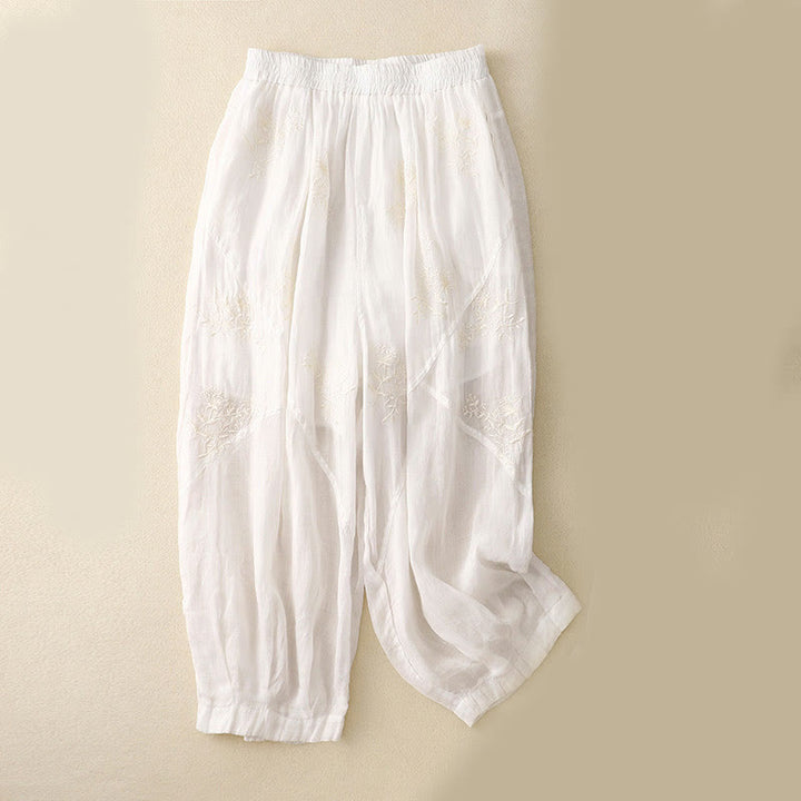 Pantalon sarouel en coton et lin pour femme, avec poches, motif brodé de Buddha Stones - Blanc - US12，UK/AU16，EU44 (3XL) - image 5