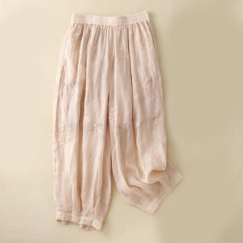 Pantalon sarouel en coton et lin pour femme, avec poches, motif brodé de Buddha Stones - MistyRose - US12，UK/AU16，EU44 (3XL) - image 11