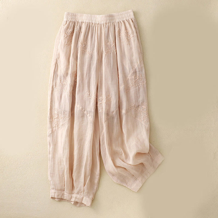 Pantalon sarouel en coton et lin pour femme, avec poches, motif brodé de Buddha Stones - MistyRose - US12，UK/AU16，EU44 (3XL) - image 11