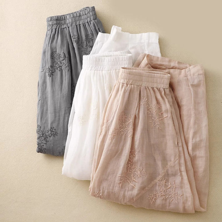 Pantalon sarouel en coton et lin pour femme, avec poches, motif brodé de Buddha Stones - image 21