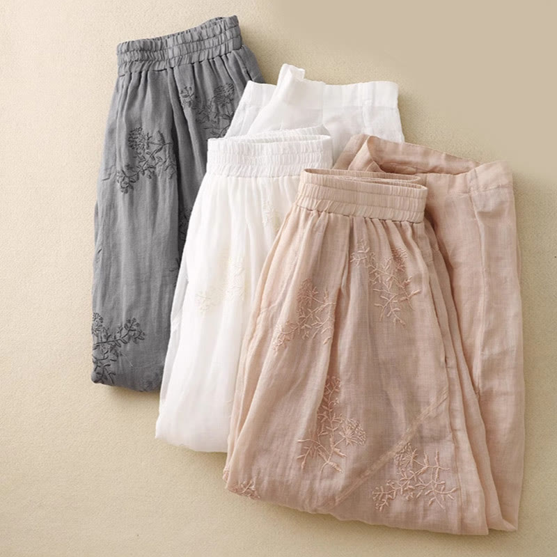 Pantalon sarouel en coton et lin pour femme, avec poches, motif brodé de Buddha Stones - image 20