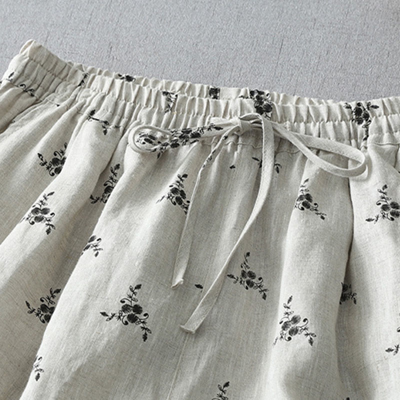 Pantalon sarouel en coton et lin pour femme avec poches, motif floral à pois et Buddha Stones - image 4