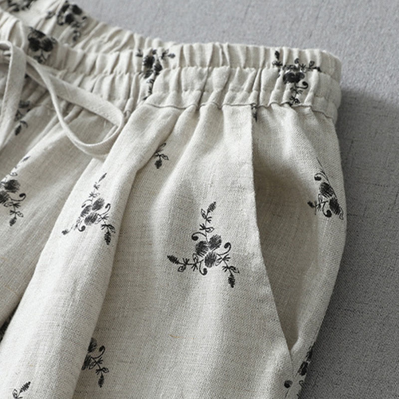 Pantalon sarouel en coton et lin pour femme avec poches, motif floral à pois et Buddha Stones - image 1