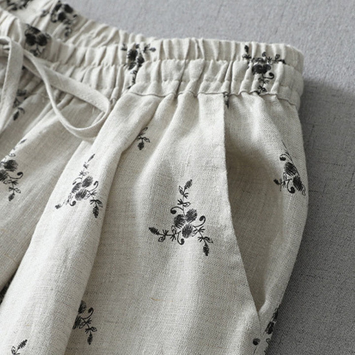 Pantalon sarouel en coton et lin pour femme avec poches, motif floral à pois et Buddha Stones - image 1