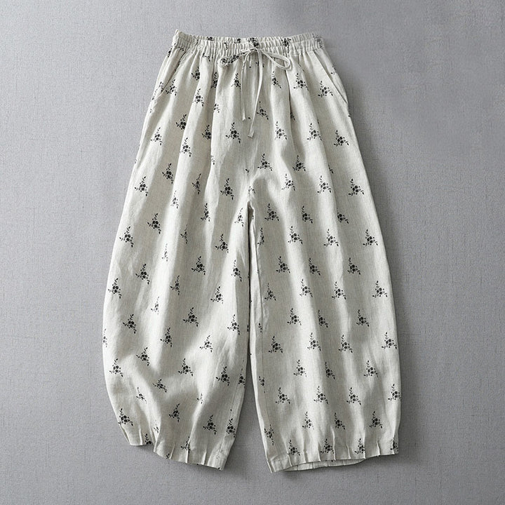 Pantalon sarouel en coton et lin pour femme avec poches, motif floral à pois et Buddha Stones - Motif floral - US12，UK/AU16，EU44 (2XL) - image 0