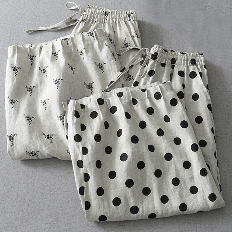 Pantalon sarouel en coton et lin pour femme avec poches, motif floral à pois et Buddha Stones - image 16