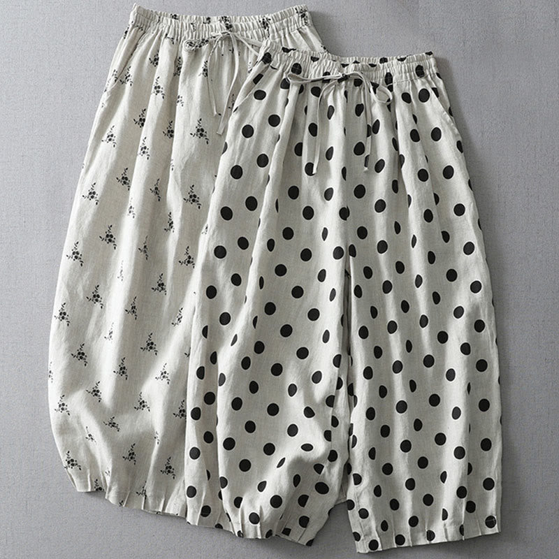Pantalon sarouel en coton et lin pour femme avec poches, motif floral à pois et Buddha Stones - image 15