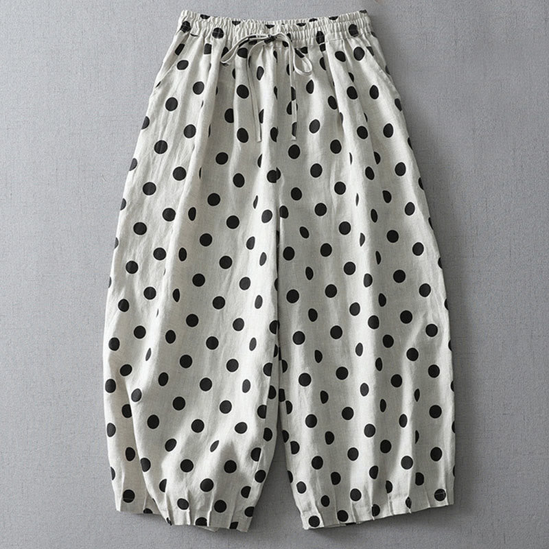 Pantalon sarouel en coton et lin pour femme avec poches, motif floral à pois et Buddha Stones - Motif à pois - US12，UK/AU16，EU44 (2XL) - image 4