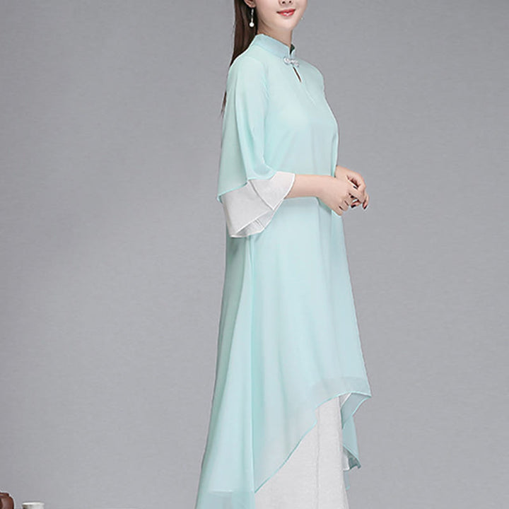 Robe chemise irrégulière en mousseline de soie à manches trois-quarts pour femme avec Buddha Stones, pantalon à jambe large, vêtements de méditation