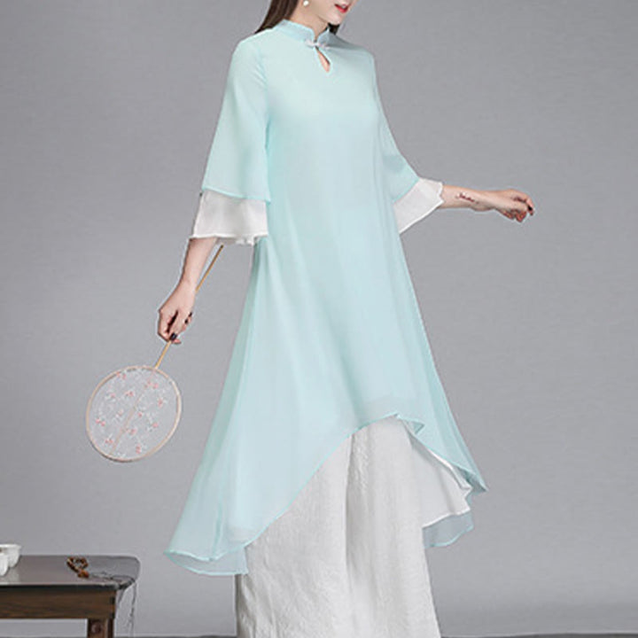 Robe chemise irrégulière en mousseline de soie à manches trois-quarts pour femme avec Buddha Stones, pantalon à jambe large, vêtements de méditation