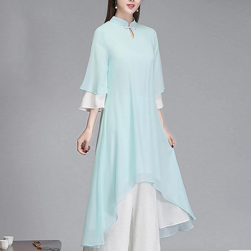 Robe chemise irrégulière en mousseline de soie à manches trois-quarts pour femme avec Buddha Stones, pantalon à jambe large, vêtements de méditation
