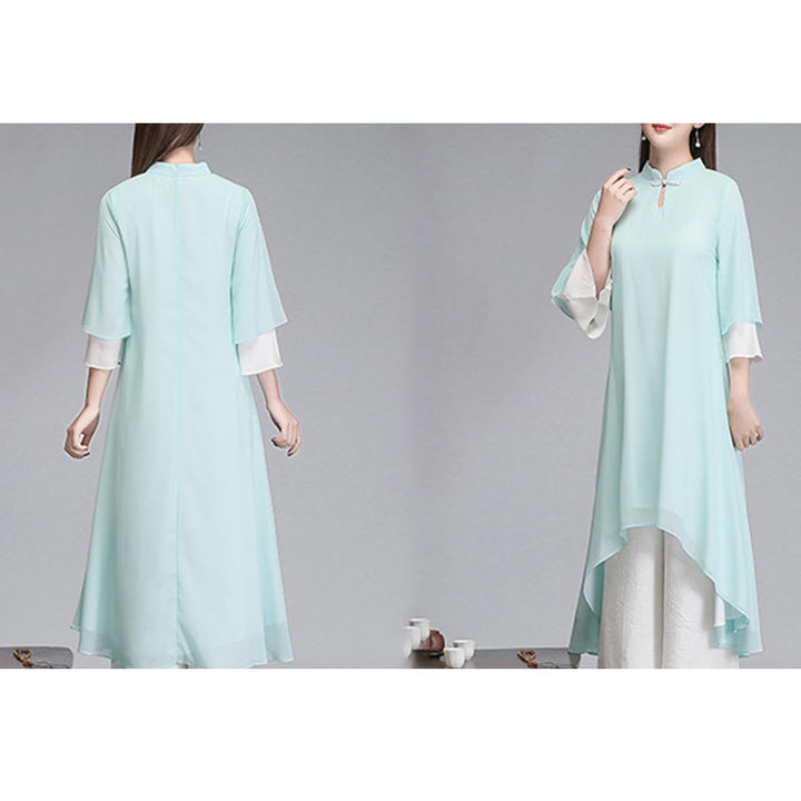 Robe chemise irrégulière en mousseline de soie à manches trois-quarts pour femme avec Buddha Stones, pantalon à jambe large, vêtements de méditation