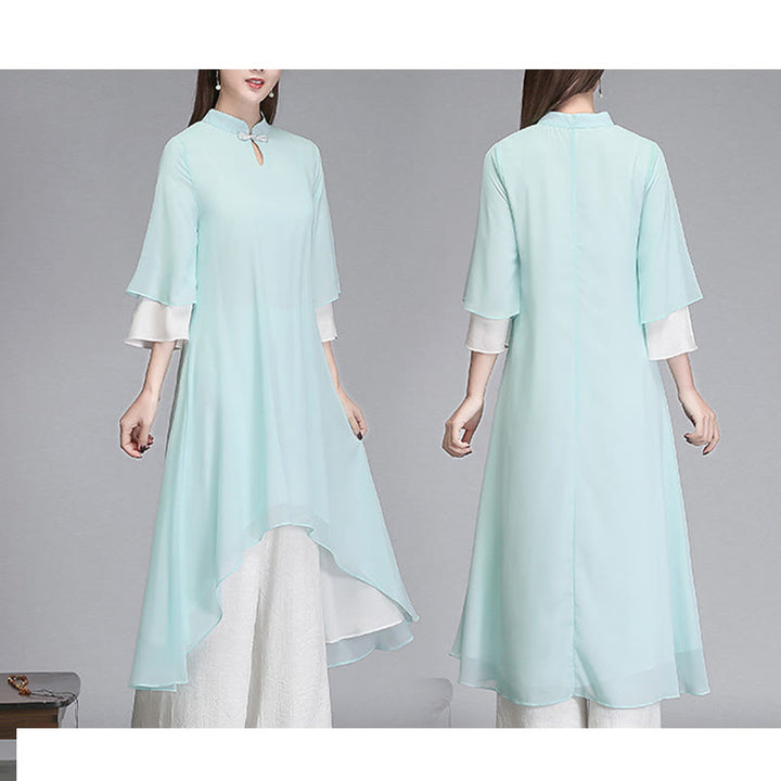 Robe chemise irrégulière en mousseline de soie à manches trois-quarts pour femme avec Buddha Stones, pantalon à jambe large, vêtements de méditation