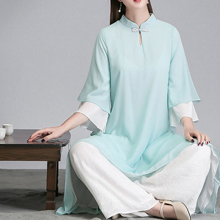 Robe chemise irrégulière en mousseline de soie à manches trois-quarts pour femme avec Buddha Stones, pantalon à jambe large, vêtements de méditation