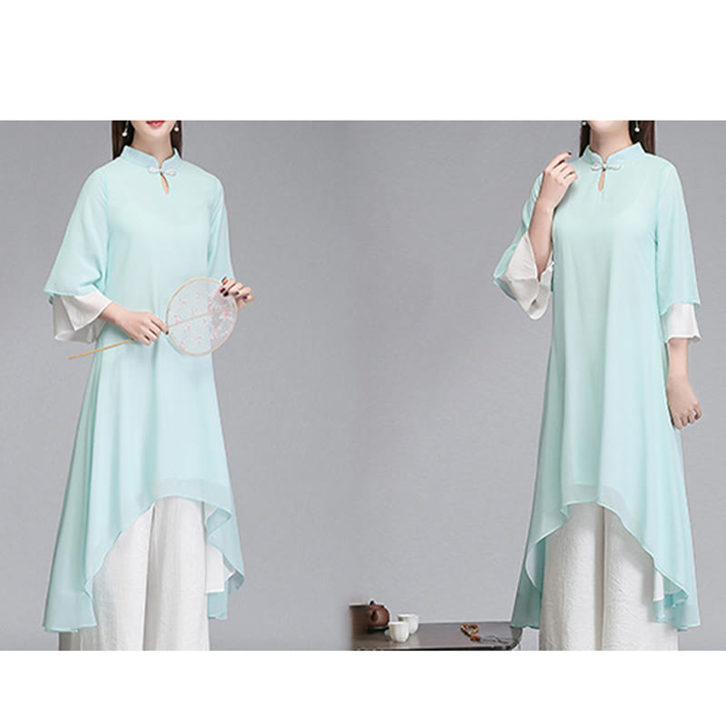 Robe chemise irrégulière en mousseline de soie à manches trois-quarts pour femme avec Buddha Stones, pantalon à jambe large, vêtements de méditation