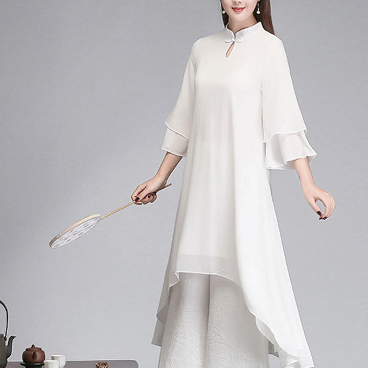 Robe chemise irrégulière en mousseline de soie à manches trois-quarts pour femme avec Buddha Stones, pantalon à jambe large, vêtements de méditation
