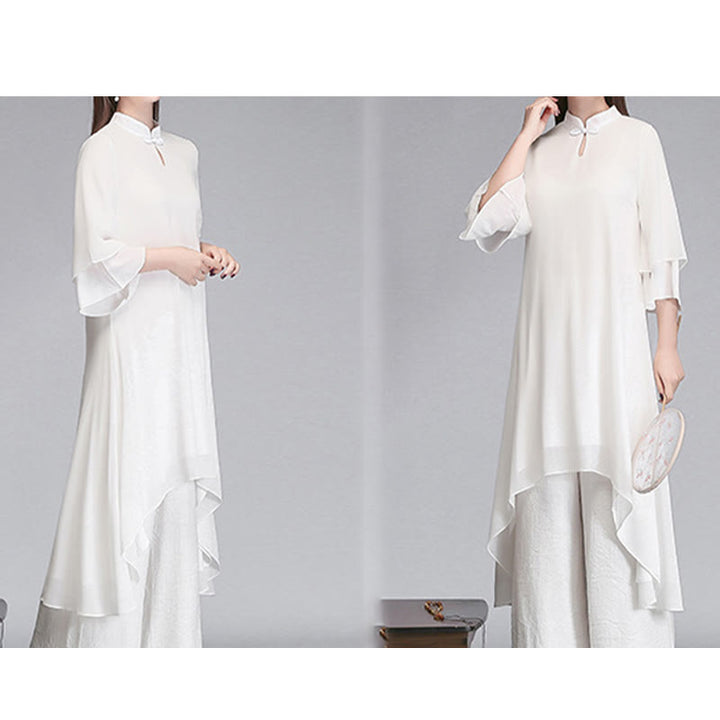 Robe chemise irrégulière en mousseline de soie à manches trois-quarts pour femme avec Buddha Stones, pantalon à jambe large, vêtements de méditation