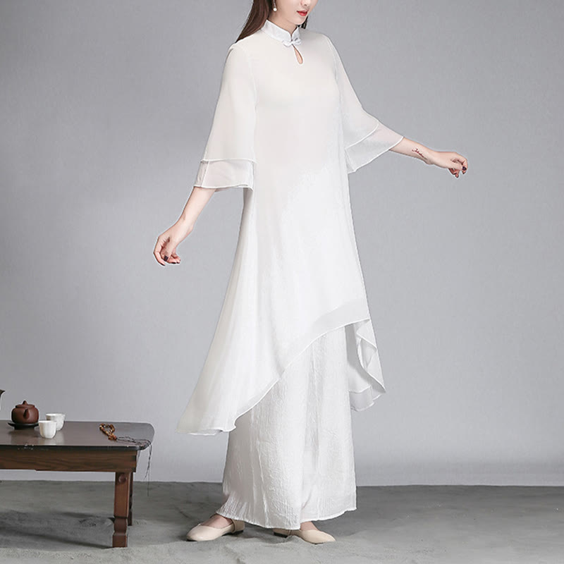 Robe chemise irrégulière en mousseline de soie à manches trois-quarts pour femme avec Buddha Stones, pantalon à jambe large, vêtements de méditation