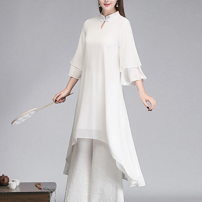 Robe chemise irrégulière en mousseline de soie à manches trois-quarts pour femme avec Buddha Stones, pantalon à jambe large, vêtements de méditation