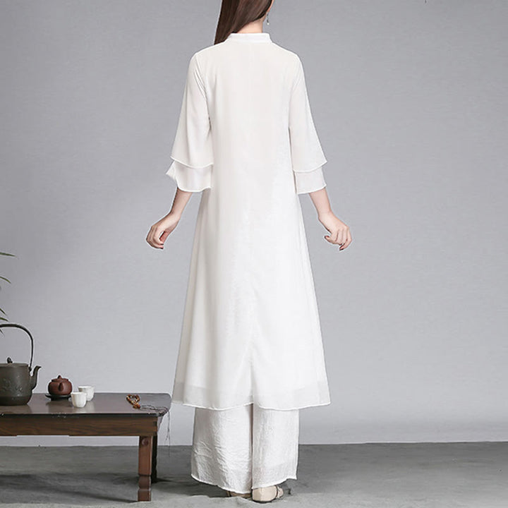 Robe chemise irrégulière en mousseline de soie à manches trois-quarts pour femme avec Buddha Stones, pantalon à jambe large, vêtements de méditation