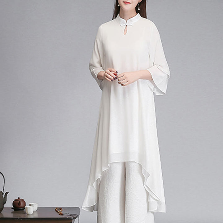 Robe chemise irrégulière en mousseline de soie à manches trois-quarts pour femme avec Buddha Stones, pantalon à jambe large, vêtements de méditation