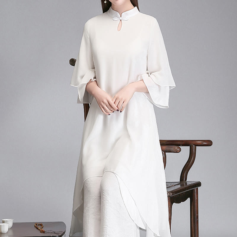 Robe chemise irrégulière en mousseline de soie à manches trois-quarts pour femme avec Buddha Stones, pantalon à jambe large, vêtements de méditation
