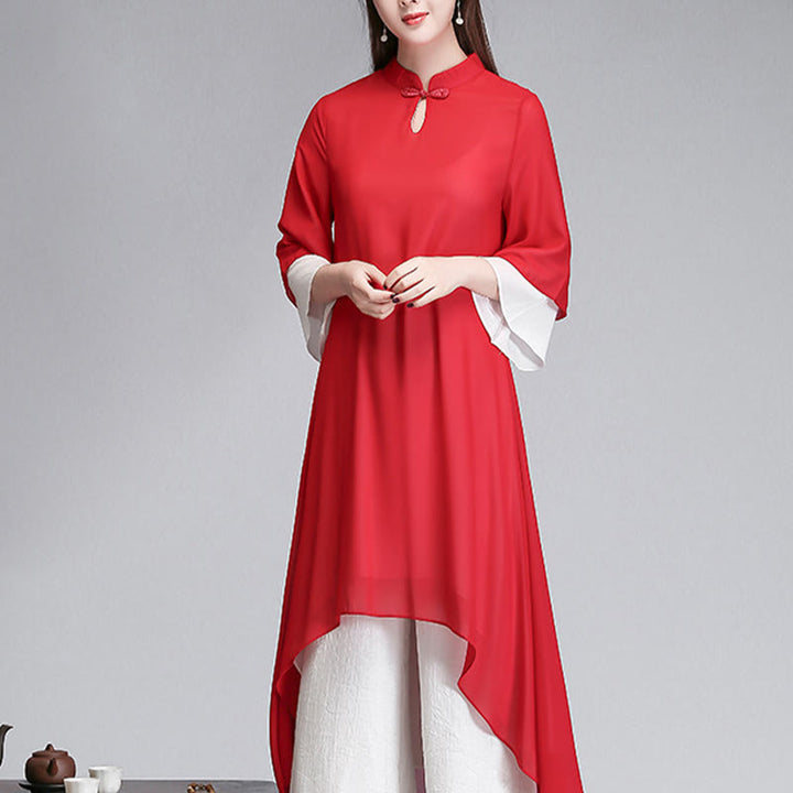 Robe chemise irrégulière en mousseline de soie à manches trois-quarts pour femme avec Buddha Stones, pantalon à jambe large, vêtements de méditation