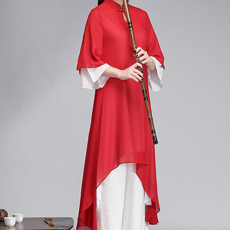 Robe chemise irrégulière en mousseline de soie à manches trois-quarts pour femme avec Buddha Stones, pantalon à jambe large, vêtements de méditation