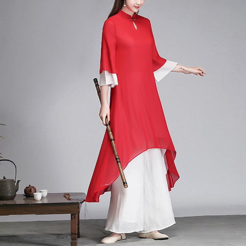 Robe chemise irrégulière en mousseline de soie à manches trois-quarts pour femme avec Buddha Stones, pantalon à jambe large, vêtements de méditation