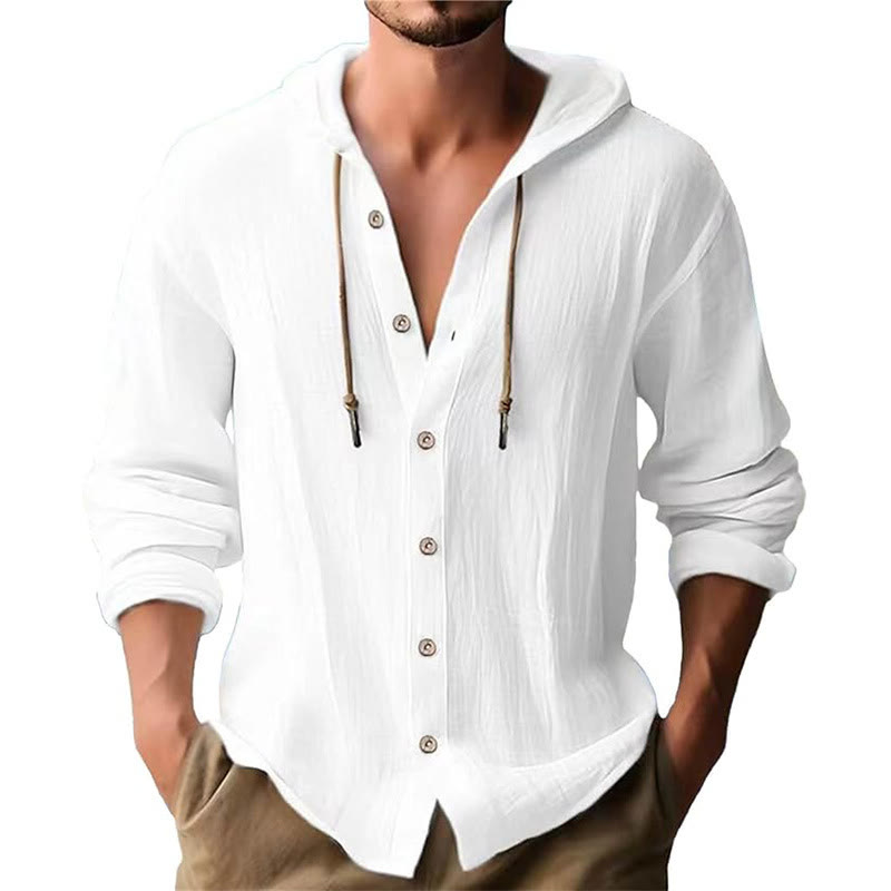 Chemise homme en lin à manches longues et capuche avec cordon de serrage et boutons, motif Buddha Stones, couleur unie - Blanc - US/UK/AU44，EU54 (3XL) - image 4