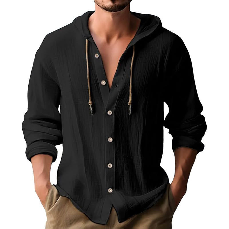 Chemise homme en lin à manches longues et capuche avec cordon de serrage et boutons, motif Buddha Stones, couleur unie - Noir - US/UK/AU44，EU54 (3XL) - image 1