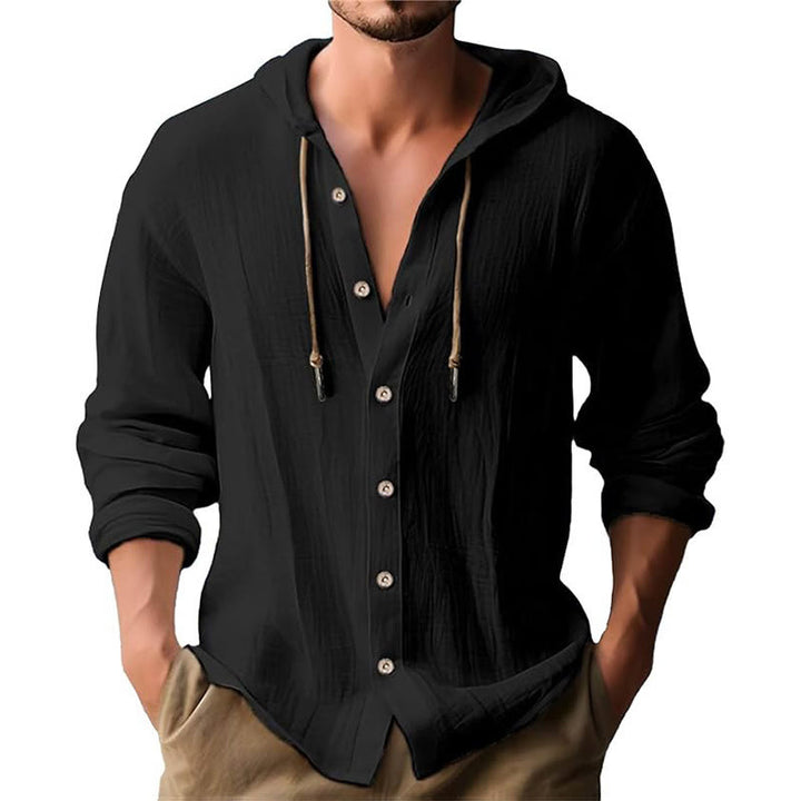 Chemise homme en lin à manches longues et capuche avec cordon de serrage et boutons, motif Buddha Stones, couleur unie - Noir - US/UK/AU44，EU54 (3XL) - image 1