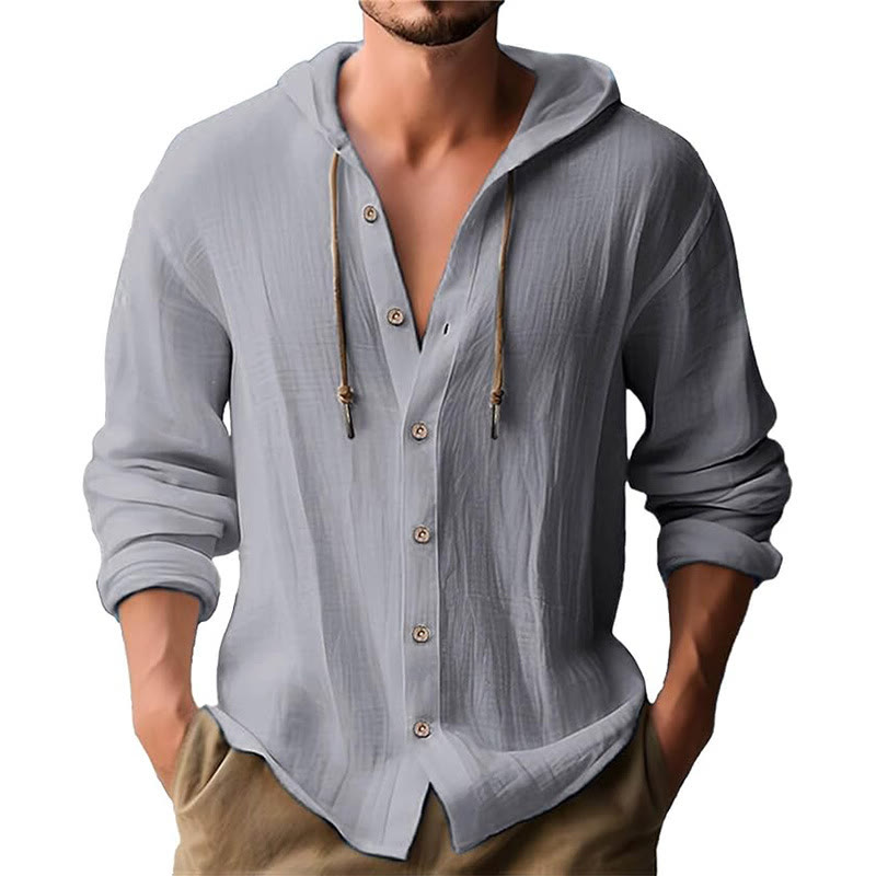 Chemise homme en lin à manches longues et capuche avec cordon de serrage et boutons, motif Buddha Stones, couleur unie - Gris foncé - US/UK/AU44，EU54 (3XL) - image 11