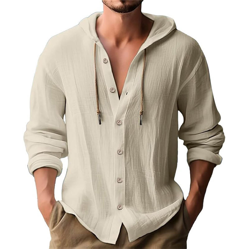 Chemise homme en lin à manches longues et capuche avec cordon de serrage et boutons, motif Buddha Stones, couleur unie - Beige - US/UK/AU44，EU54 (3XL) - image 25