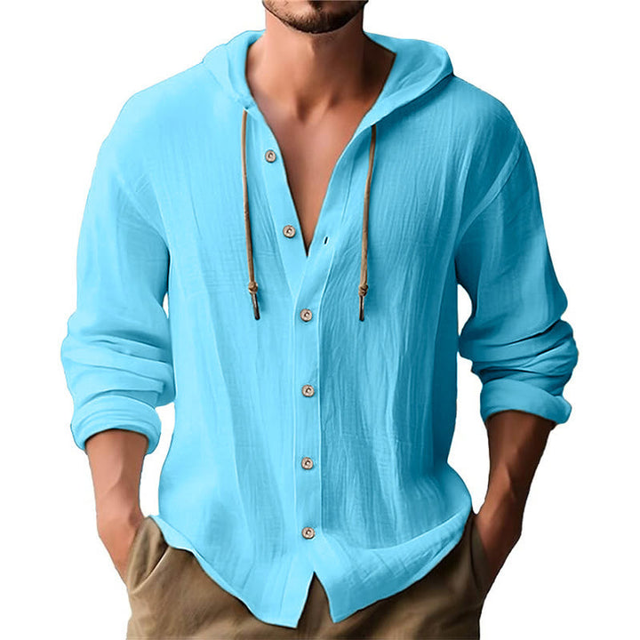 Chemise homme en lin à manches longues et capuche avec cordon de serrage et boutons, motif Buddha Stones, couleur unie - Bleu ciel clair - US/UK/AU44，EU54 (3XL) - image 18