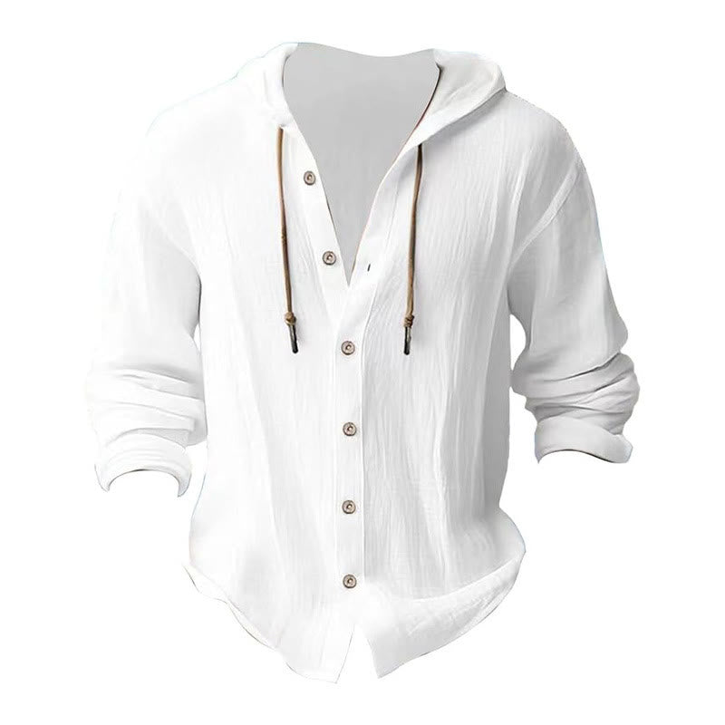 Chemise homme en lin à manches longues et capuche avec cordon de serrage et boutons, motif Buddha Stones, couleur unie - image 5