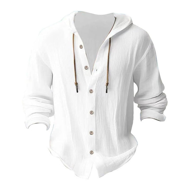 Chemise homme en lin à manches longues et capuche avec cordon de serrage et boutons, motif Buddha Stones, couleur unie - image 5