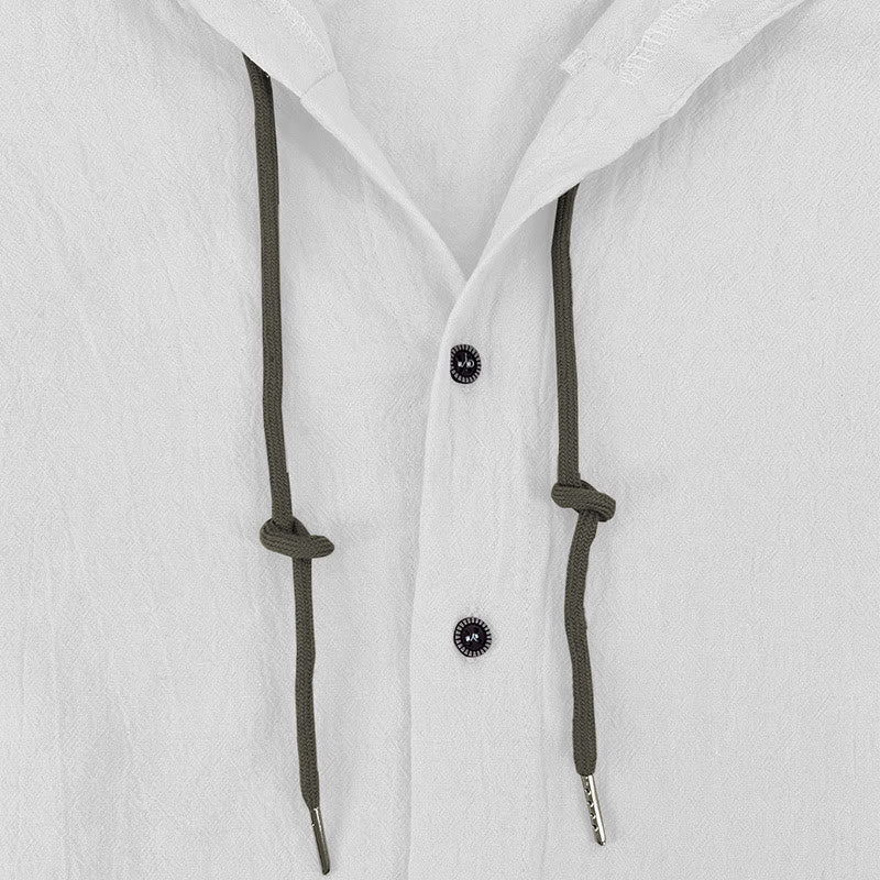 Chemise homme en lin à manches longues et capuche avec cordon de serrage et boutons, motif Buddha Stones, couleur unie - image 8