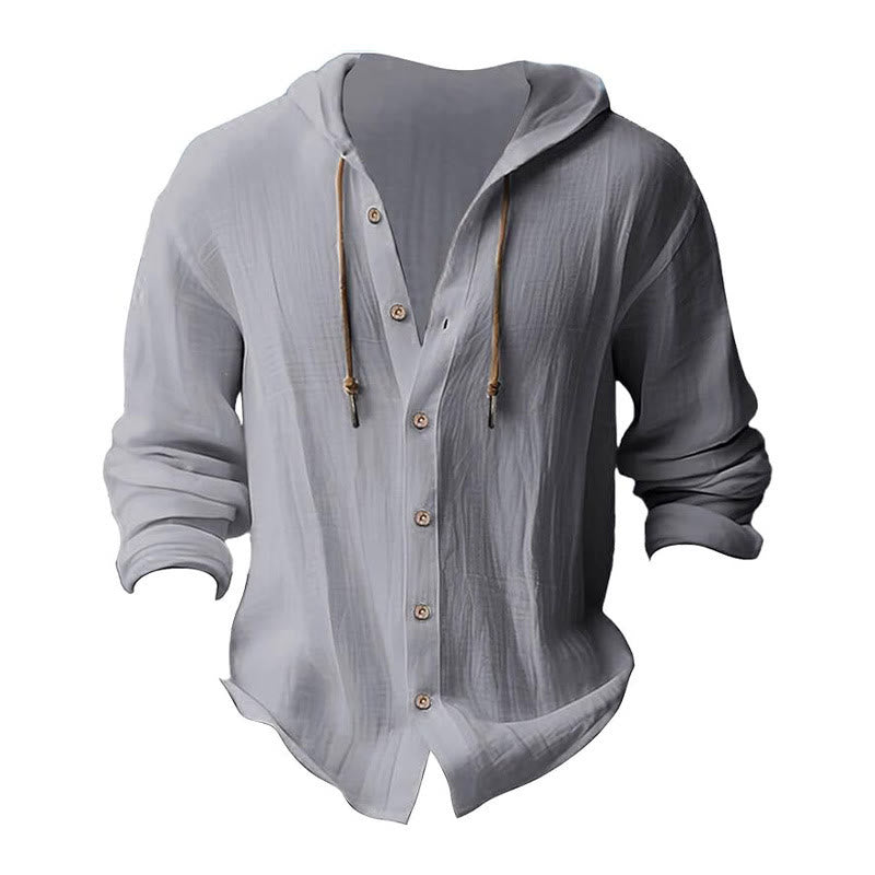 Chemise homme en lin à manches longues et capuche avec cordon de serrage et boutons, motif Buddha Stones, couleur unie - image 13