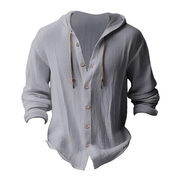 Chemise homme en lin à manches longues et capuche avec cordon de serrage et boutons, motif Buddha Stones, couleur unie - image 13
