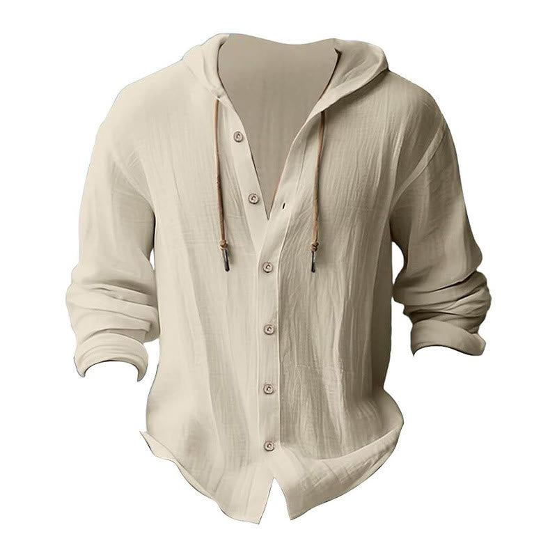 Chemise homme en lin à manches longues et capuche avec cordon de serrage et boutons, motif Buddha Stones, couleur unie - image 26